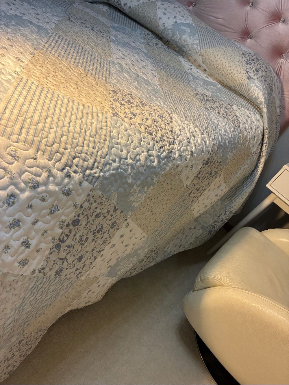 Classic Patchwork Quilted Bedspread in Soft Blue and Cream - Picture 8 of 13
